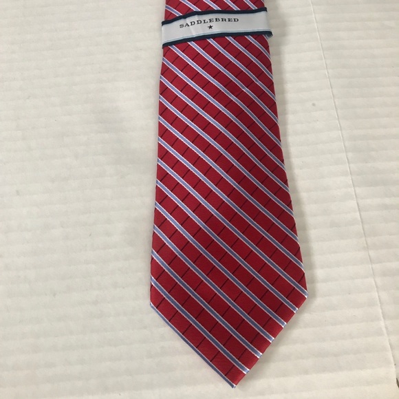 Silk Tie Stain Resistant Red Light Blue Striped Brand New Saddlebred - Picture 7 of 9